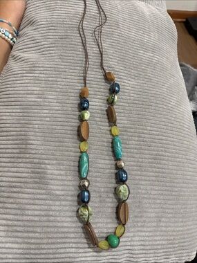 Handcrafted Long Necklace Womens OS Brown Turquoise Beaded Leather Boho Good‎